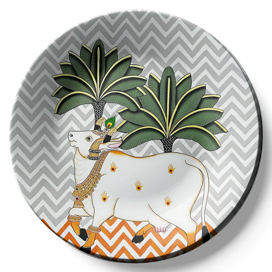 Sacred Cow Grey Pichwai Ceramic Wall Plate Home Decor