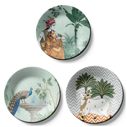 Set of 3 Radha Krishna Wall Plates Decor