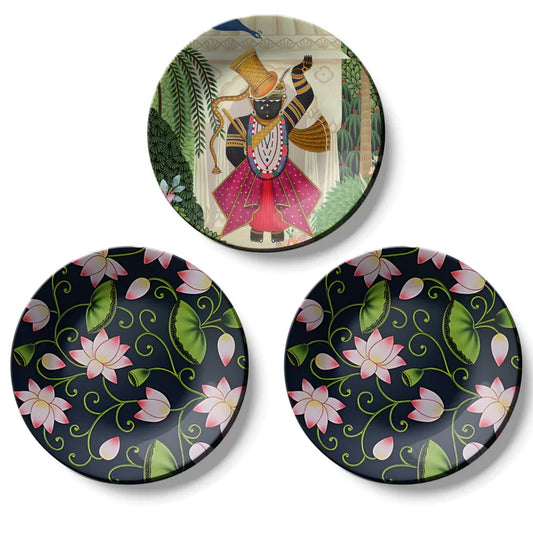 Set of 3 Shrinath Ji and Lotus Wall Plates Decor