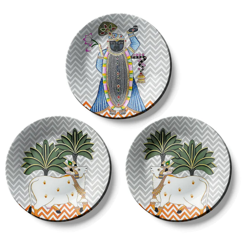 Set of 3 Shrinath Ji Pichwai Wall Plates Decor