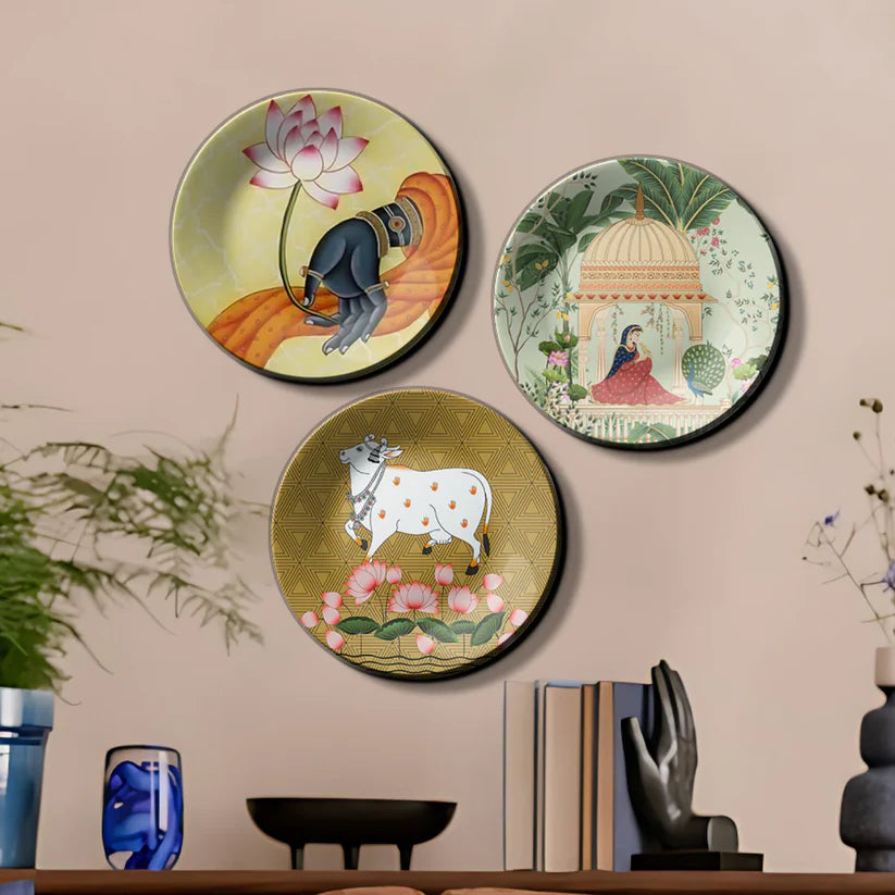 Set of 3 Woman, Cow, and Lotus Wall Plates Decor