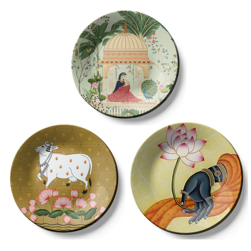 Set of 3 Woman, Cow, and Lotus Wall Plates Decor