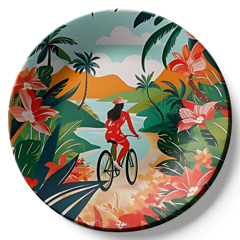 Women Riding Bicycle Ceramic Wall Plate Home Decor