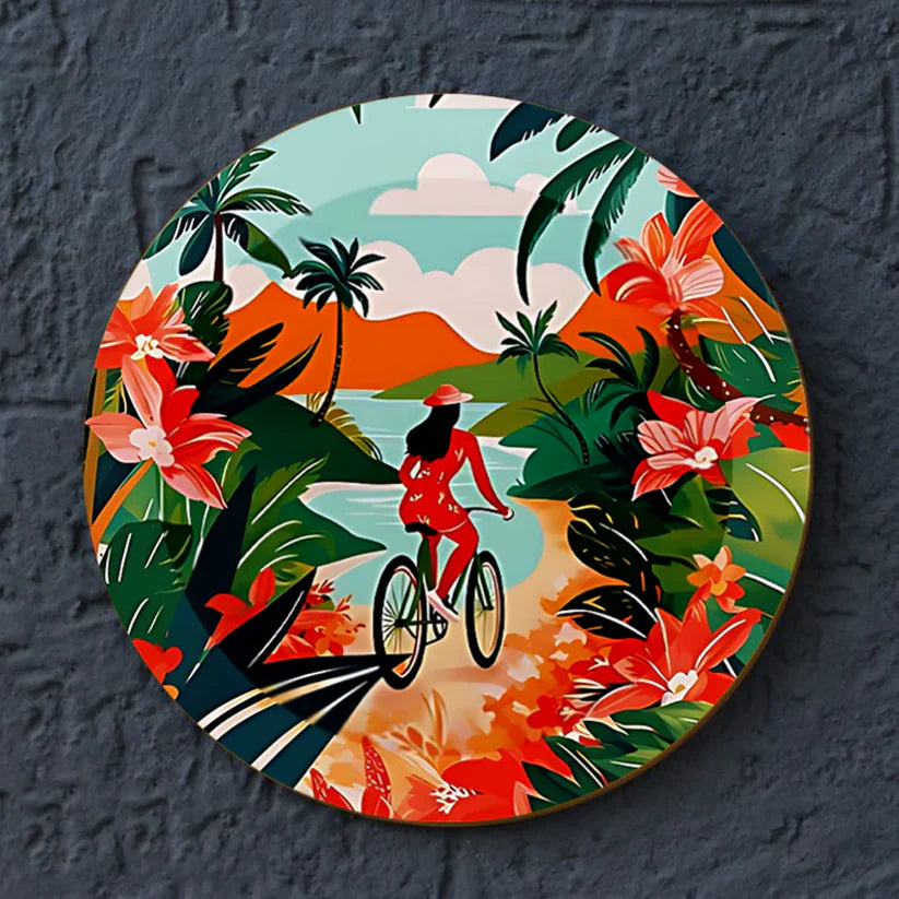 Women Riding Bicycle Ceramic Wall Plate Home Decor