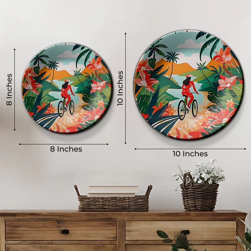 Women Riding Bicycle Ceramic Wall Plate Home Decor