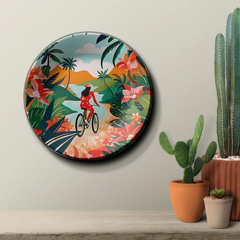 Women Riding Bicycle Ceramic Wall Plate Home Decor