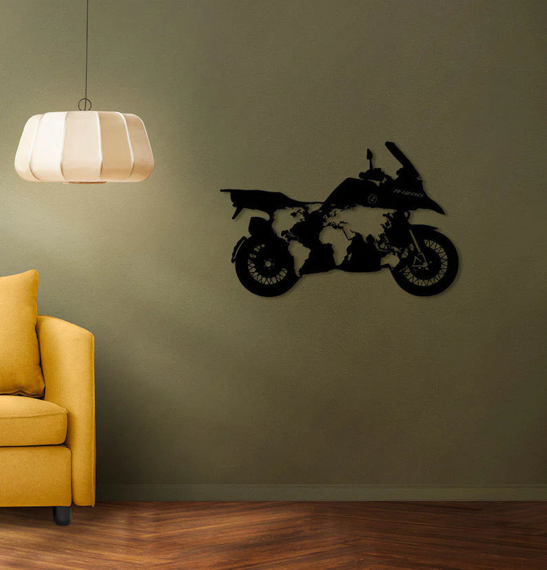 Motorcycle with World Map Wall Decor