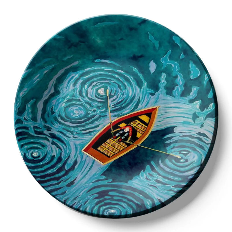 Swirly Lake Boat Ceramic Wall Plate Home Décor