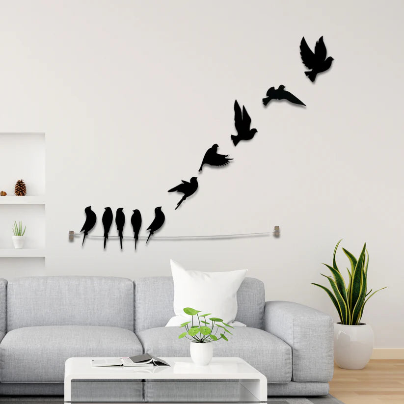 Wooden 3D 10 Pieces Birds on Rope Wall Art Panel