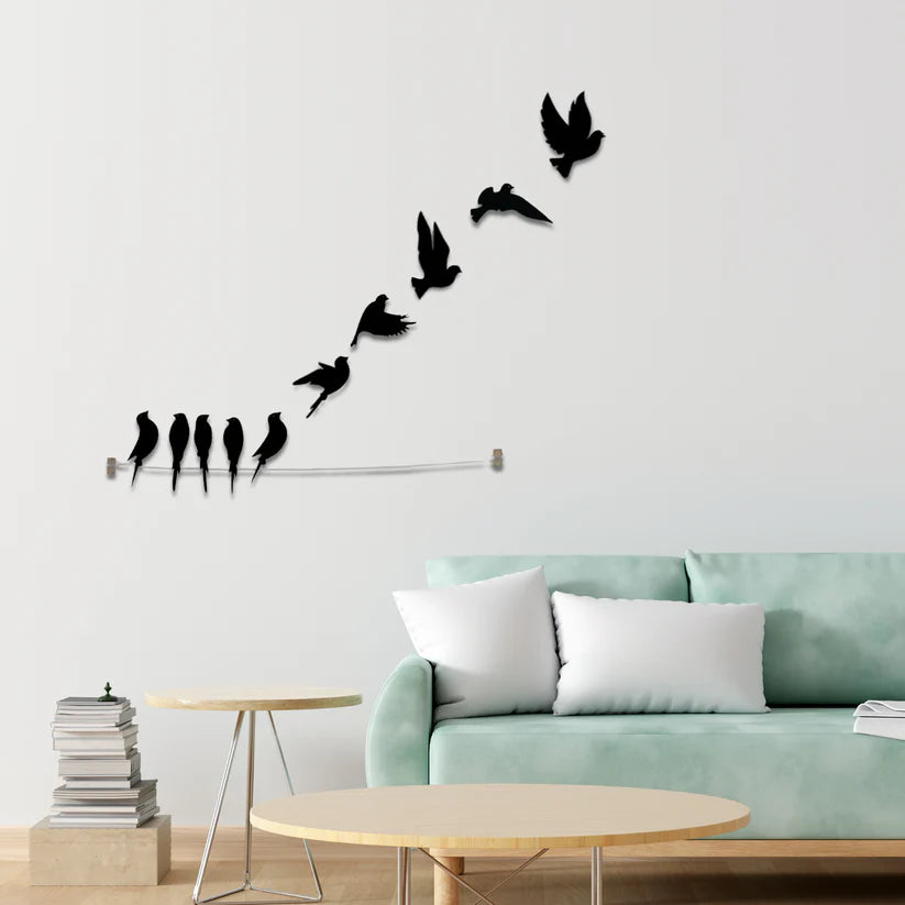 Wooden 3D 10 Pieces Birds on Rope Wall Art Panel