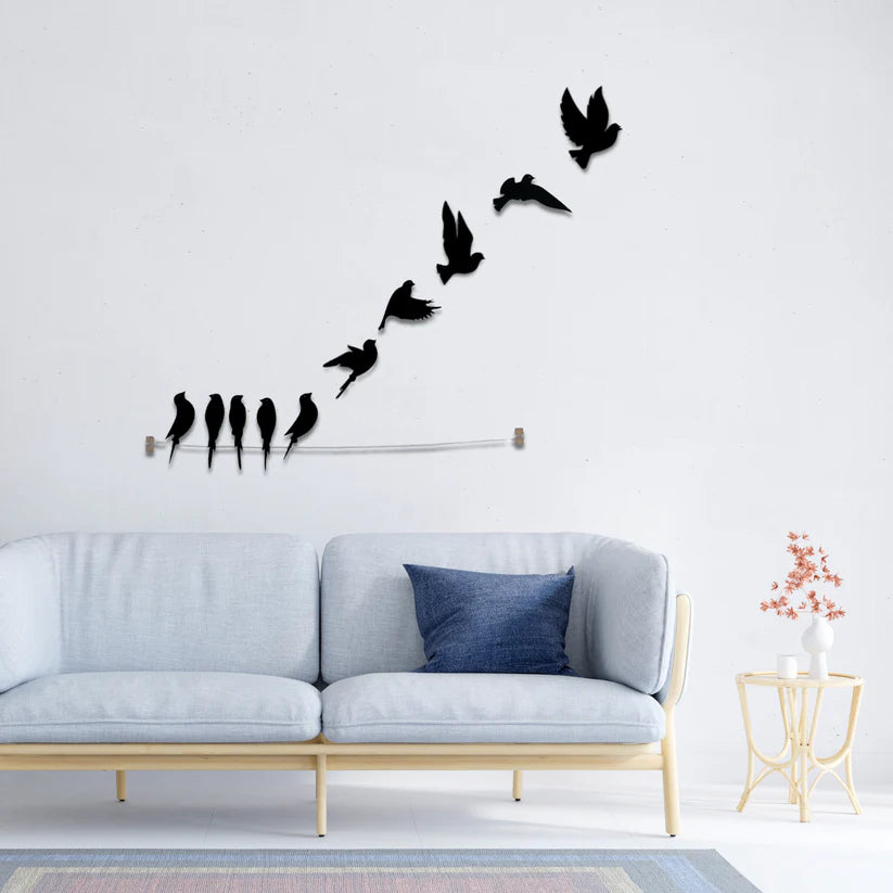 Wooden 3D 10 Pieces Birds on Rope Wall Art Panel